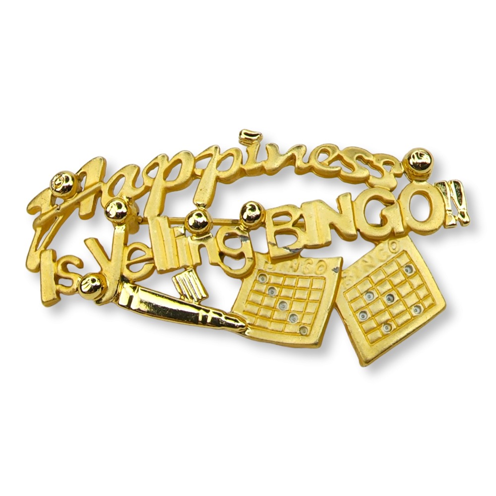 Vintage Bingo Brooch Gold Tone Happiness Is Yelling Bingo Pin Novelty